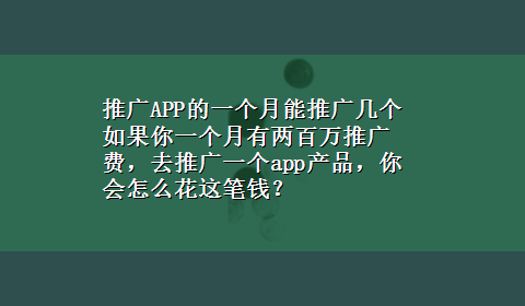 推广APP的一个月能推广几个 如果你一个月有两百万推广费，去推广一个app产品，你会怎么花这笔钱？