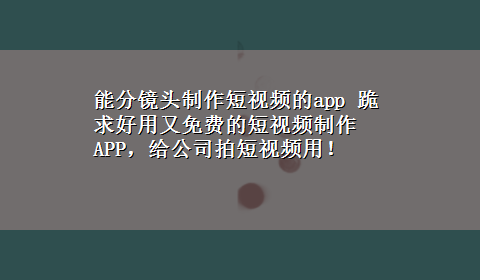 能分镜头制作短视频的app 跪求好用又免费的短视频制作APP，给公司拍短视频用！