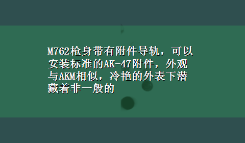 M762枪身带有附件导轨，可以安装标准的AK-47附件，外观与AKM相似，冷艳的外表下潜藏着非一般的