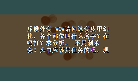 斥候外套 WOW请问这套皮甲幻化，各个部位叫什么名字？在吗打？求分析。 不是刺杀套！头巾应该是任务的吧，现在